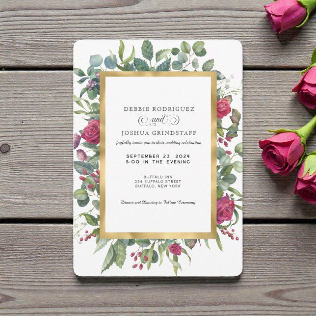 Burgundy Floral w/Gold Frame Wedding Invitation  (Créateur téléchargé)