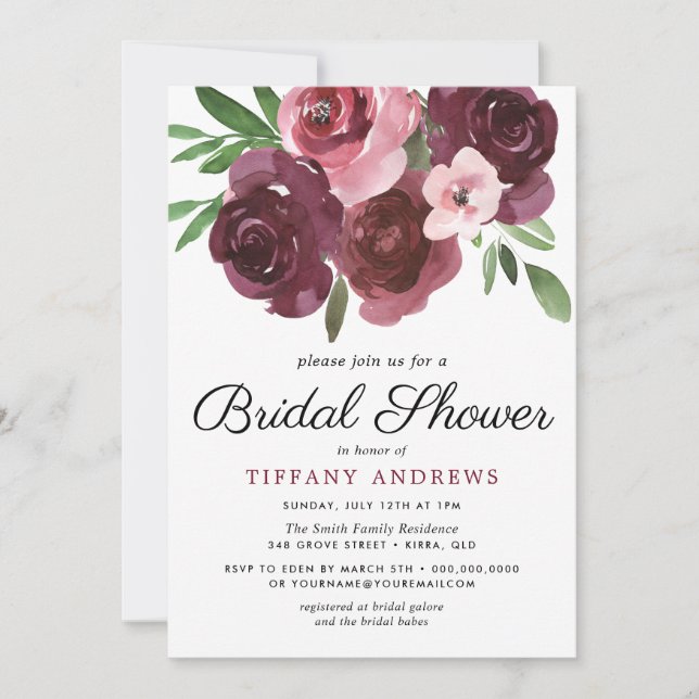 Burgundy Floral Watercolor Brautparty laden ein Einladung (Vorderseite)