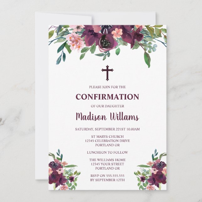 Burgundy Floral Watercolor Girls Confirmation Einladung (Vorderseite)