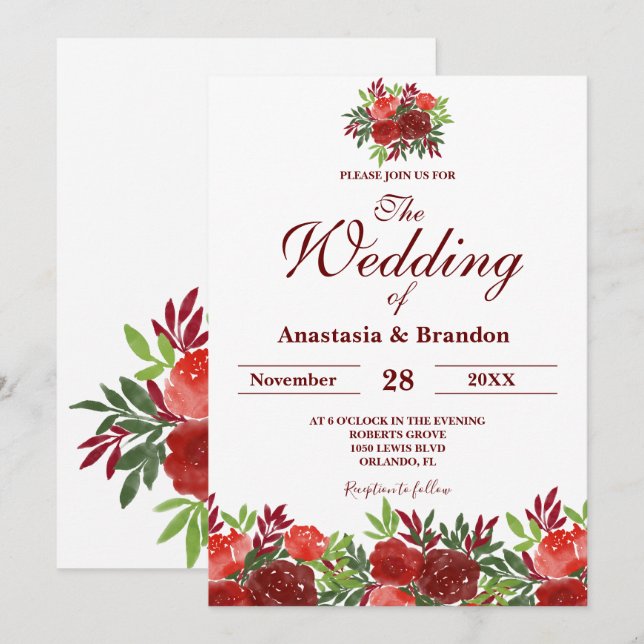 Burgundy Floral Watercolor Wedding Einladung (Vorne/Hinten)