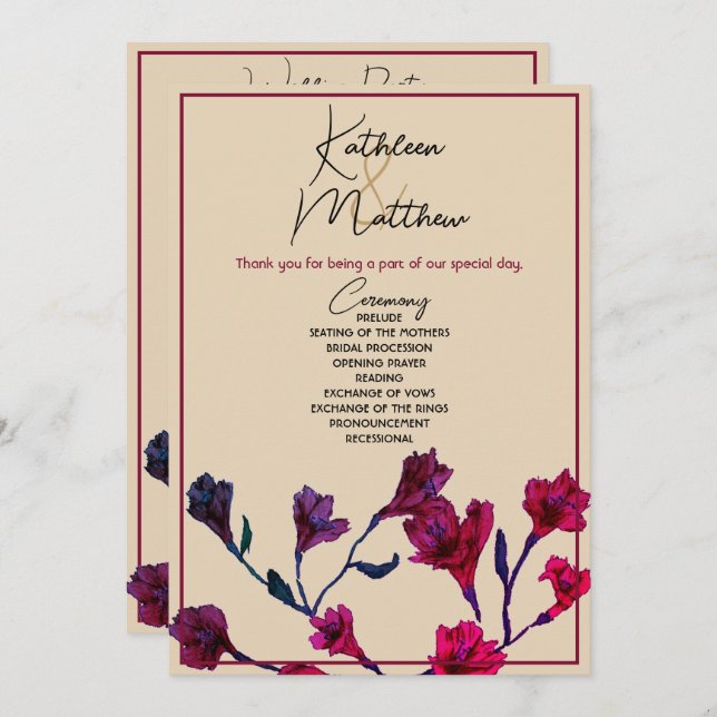 Burgundy Floral Watercolor Wedding Programm (Vorne/Hinten)