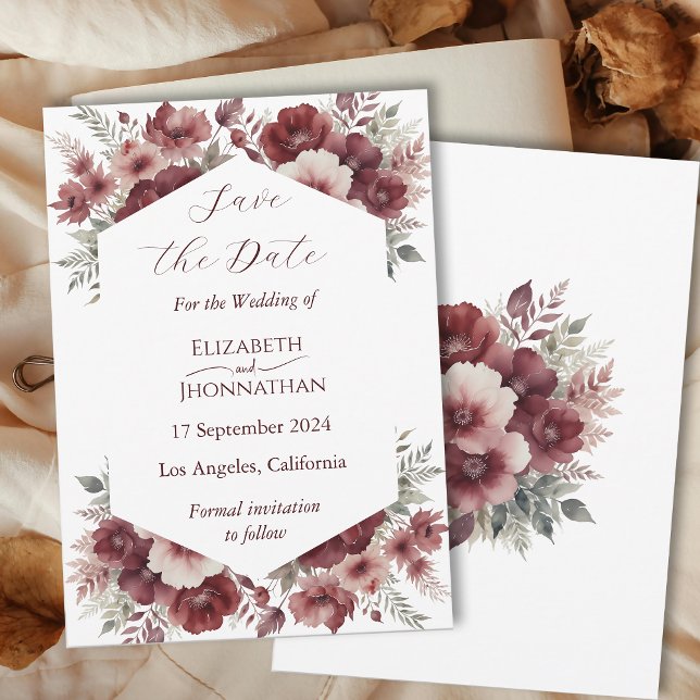 Burgundy Floral Watercolor Wedding Save the Date (Von Creator hochgeladen)