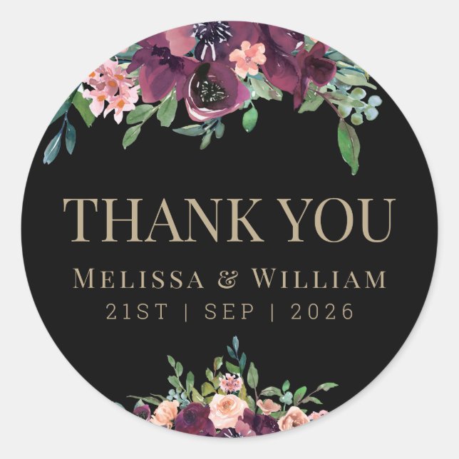 Burgundy Floral Wedding Danke Black Runder Aufkleber (Vorderseite)