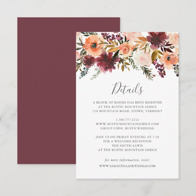 Burgundy Floral Wedding Details Card Einladung (Vorne/Hinten)
