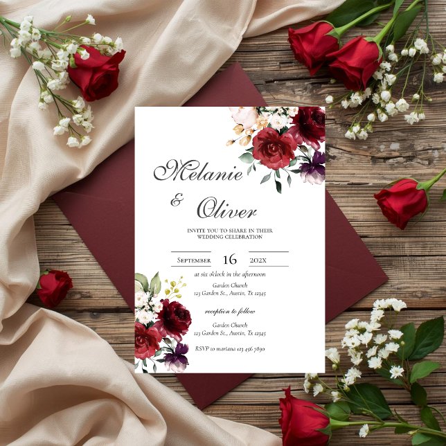Burgundy Floral Wedding Einladung (Von Creator hochgeladen)