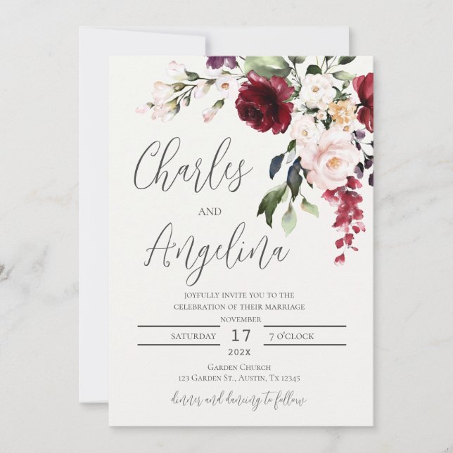 Burgundy Floral Wedding Einladung (Vorderseite)