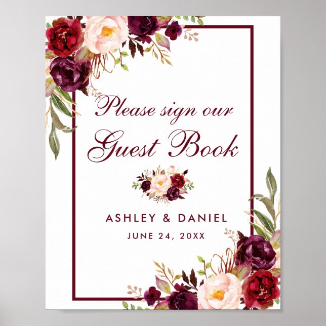 Burgundy Floral Wedding Guest Book Poster (Vorne)