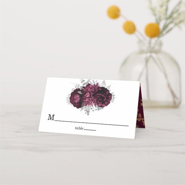 Burgundy Floral Wedding Luxury Platzkarte (Vorderseite)