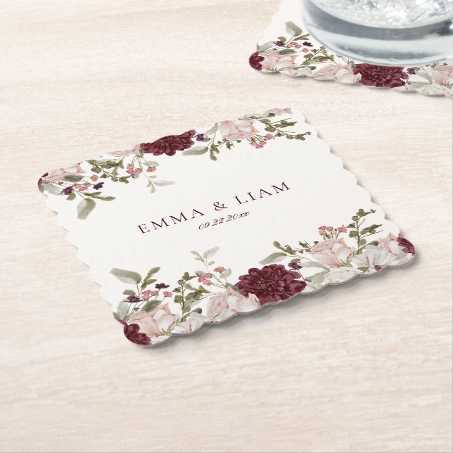 Burgundy Floral Wedding Paper Coasters Untersetzer (angewinkelt)