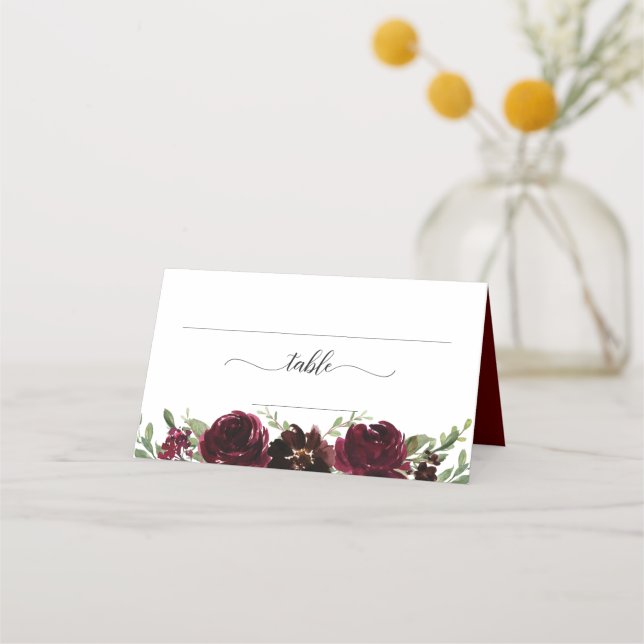 Burgundy Floral Wedding Platzkarte (Vorderseite)