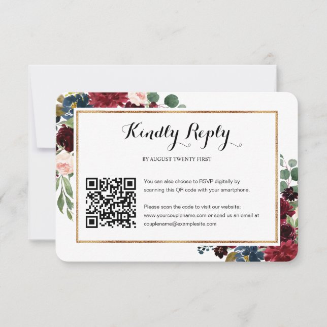 Burgundy Floral Wedding QR Code Foto RSVP Card (Vorderseite)