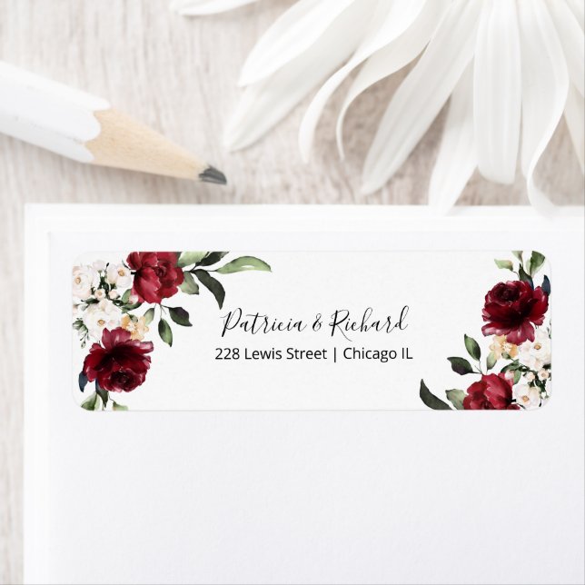 Burgundy Floral Wedding Return Label (Insitu)