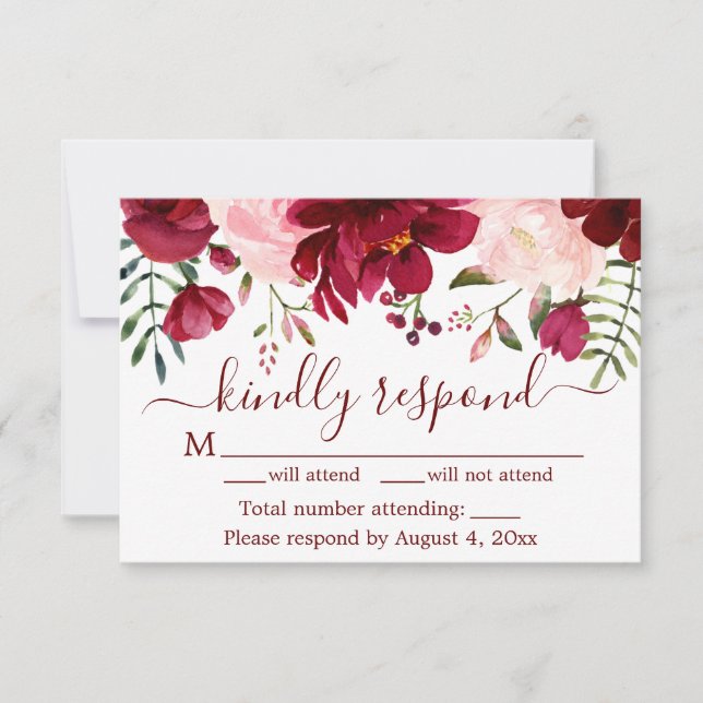 Burgundy Floral Wedding RSVP Card Dankeskarte (Vorderseite)