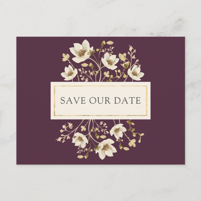 Burgundy Floral Wedding Save the Date Ankündigungspostkarte (Vorderseite)