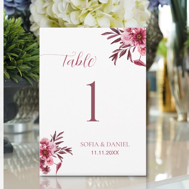 Burgundy Floral Wedding Table Number Card Elegant  (Von Creator hochgeladen)