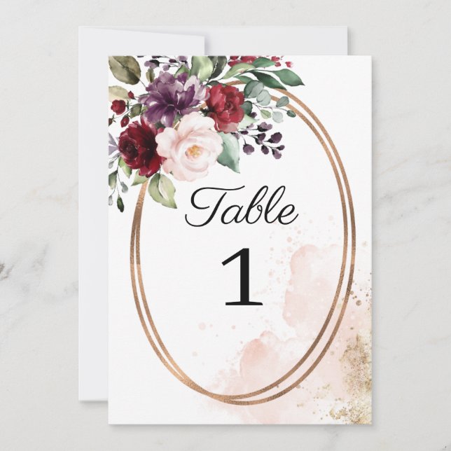 Burgundy Floral Wedding Tischnummer (Vorderseite)