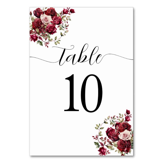 Burgundy Floral Wedding Tischnummer (Vorderseite)