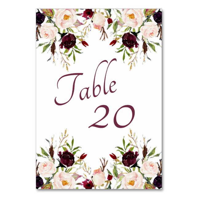 Burgundy Floral Wedding Tischnummer (Vorderseite)