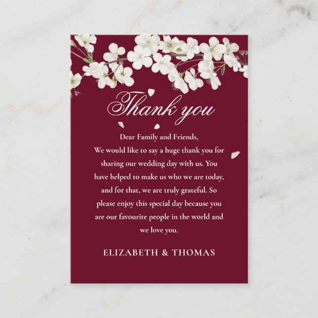 Burgundy Floral Wedding White Blossom Vielen Dank Platzkarte (Vorderseite)