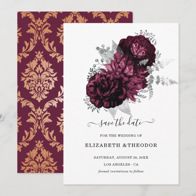 Burgundy Floral Wedding with Damask Details Save The Date (Vorne/Hinten)