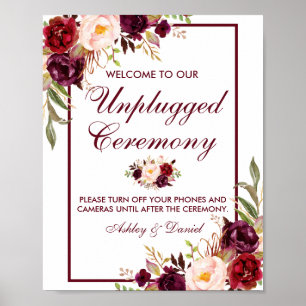 Burgundy Floral Wedding Zeremony Unplugged Poster