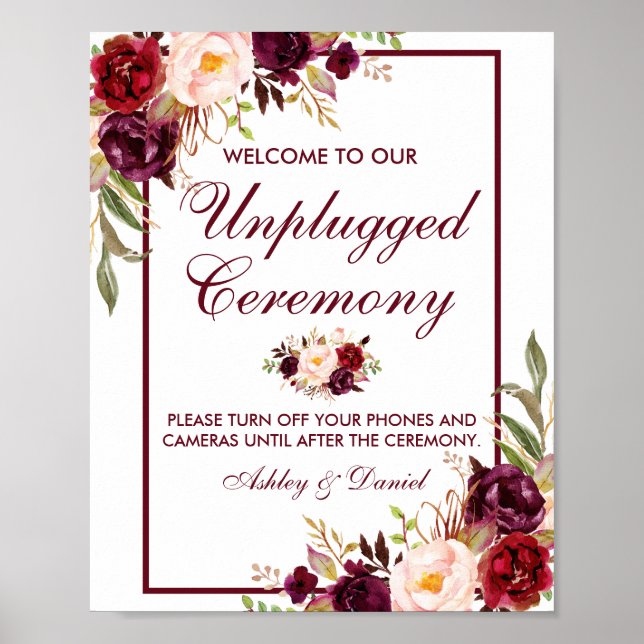 Burgundy Floral Wedding Zeremony Unplugged Poster (Vorne)