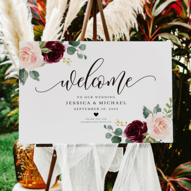 Burgundy Floral Welcome Wedding Sign Poster (Von Creator hochgeladen)