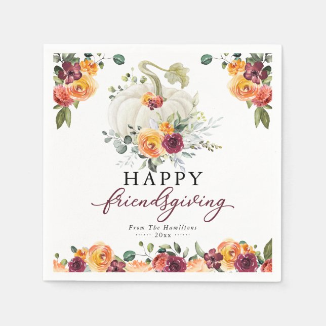 Burgundy Floral White Pumpkin Friendsgiving Napkin Serviette (Vorderseite)