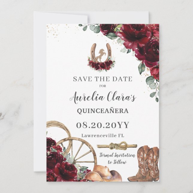 Burgundy Floral Wild West Charro Quinceañera Save The Date (Vorderseite)