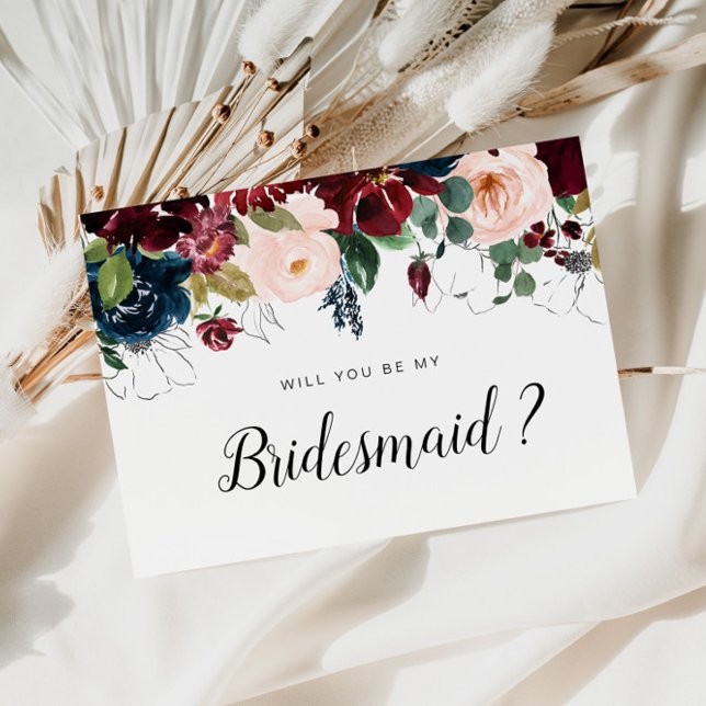 burgundy floral will you be my Bridesmaid card Einladungspostkarte (Von Creator hochgeladen)