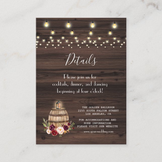 Burgundy Floral Wine Barrel Barn Wedding Details Begleitkarte (Vorderseite)