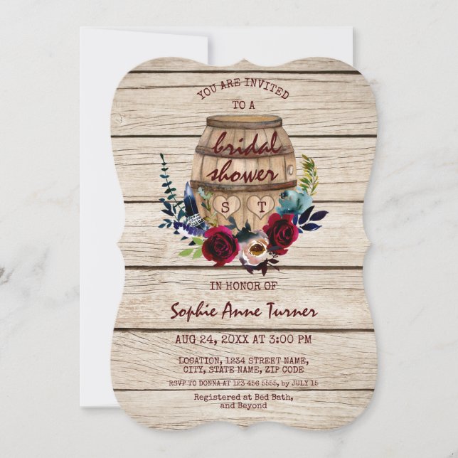 Burgundy Floral Wine Barrel Brautparty Einladung (Vorderseite)