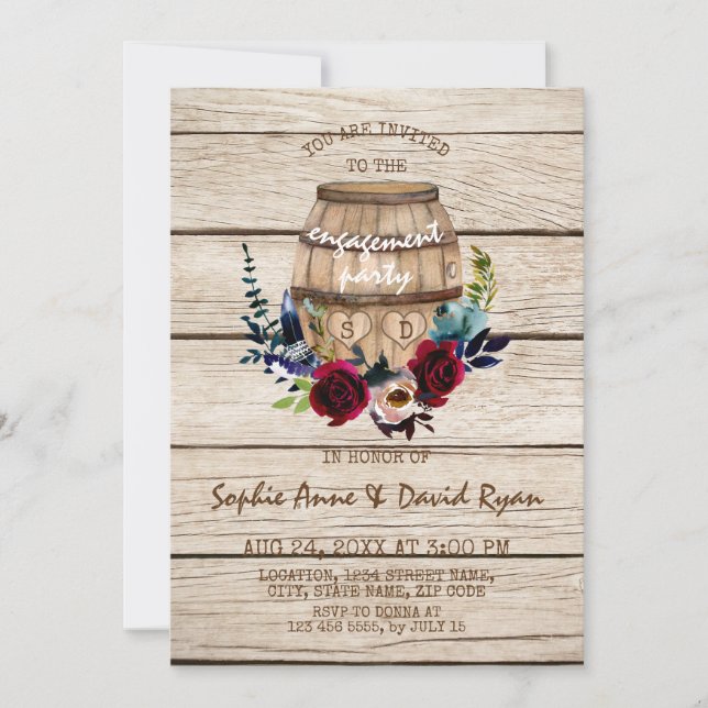 Burgundy Floral Wine Barrel Engagement Party Einladung (Vorderseite)