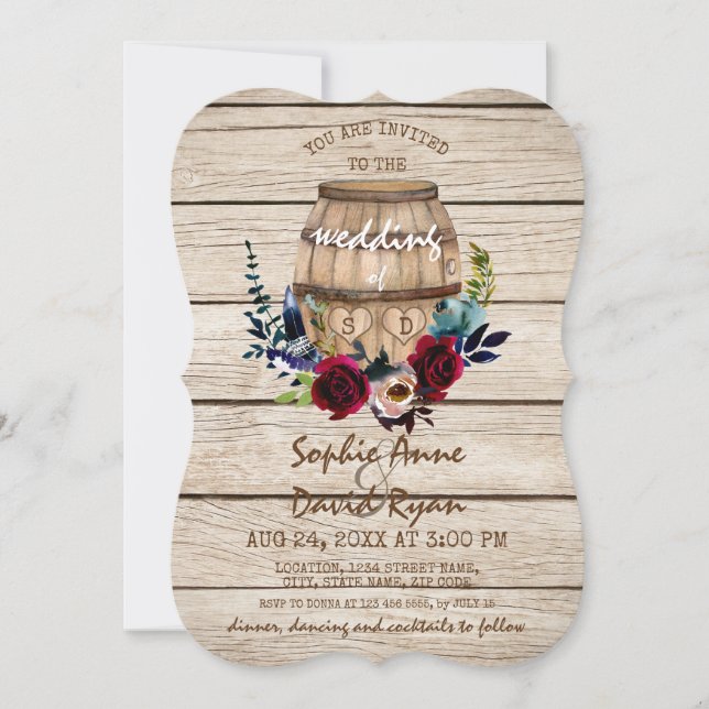 Burgundy Floral Wine Barrel Hochzeit im Herbst Einladung (Vorderseite)