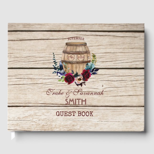 Burgundy Floral Wine Barrel Hochzeit im Herbst Gästebuch (Vorderseite)