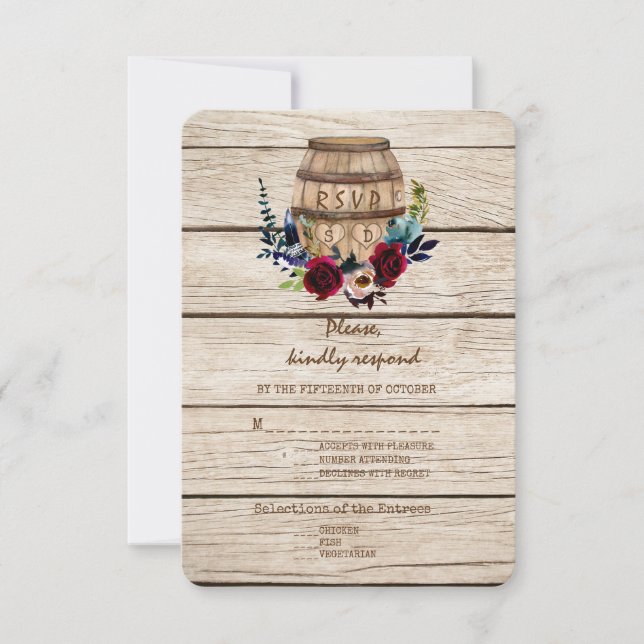Burgundy Floral Wine Barrel Hochzeit im Herbst UAW RSVP Karte (Vorderseite)