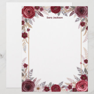 Burgundy Floral with Gray Accents Stationery Paper Briefbogen