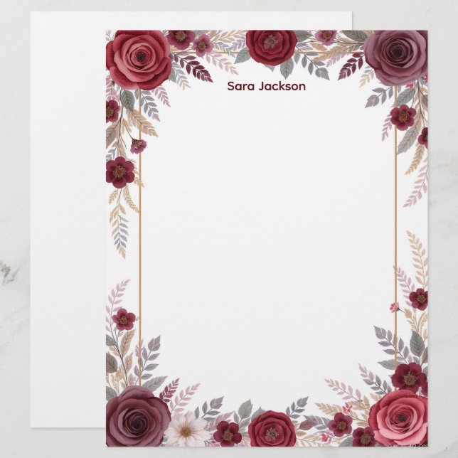Burgundy Floral with Gray Accents Stationery Paper Briefbogen (Vorne/Hinten)