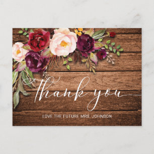 Burgundy Floral Wood Brautparty Vielen Dank Postkarte
