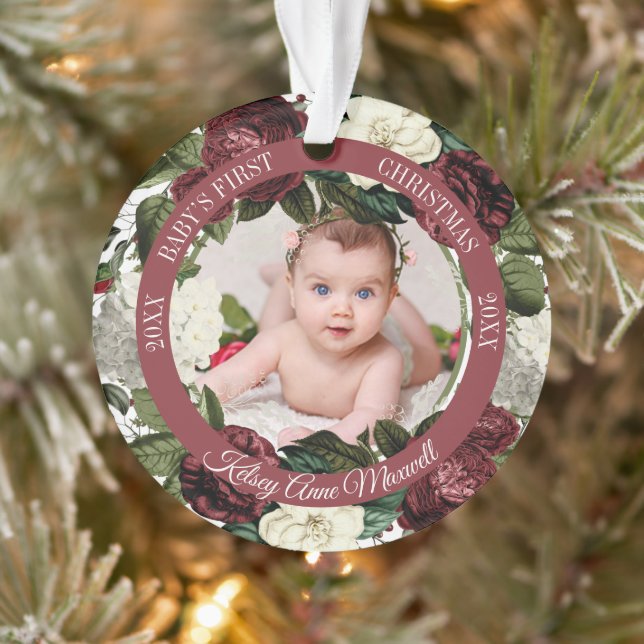 Burgundy Floral Wreath Babys Erstes Weihnachtsfest Ornament (Baum)