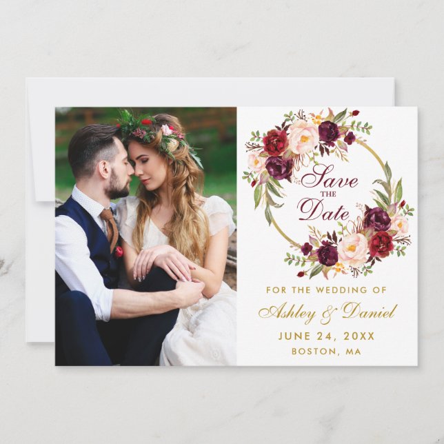 Burgundy Floral Wreath Gold Foto Save the Date (Vorderseite)
