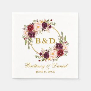 Burgundy Floral Wreath Gold Monogram Wedding Serviette