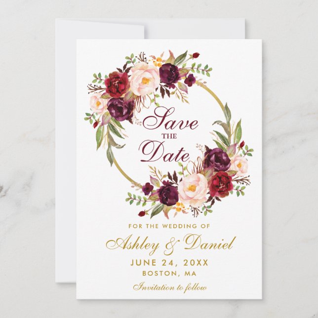 Burgundy Floral Wreath Gold Save the Date (Vorderseite)