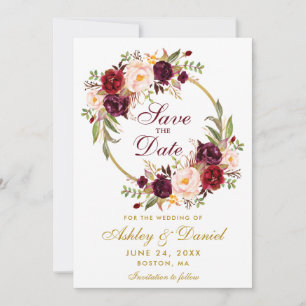 Burgundy Floral Wreath Gold Save the Date B