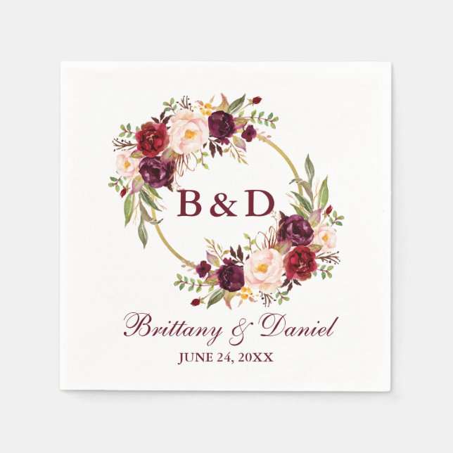 Burgundy Floral Wreath Monogram Wedding Serviette (Vorderseite)