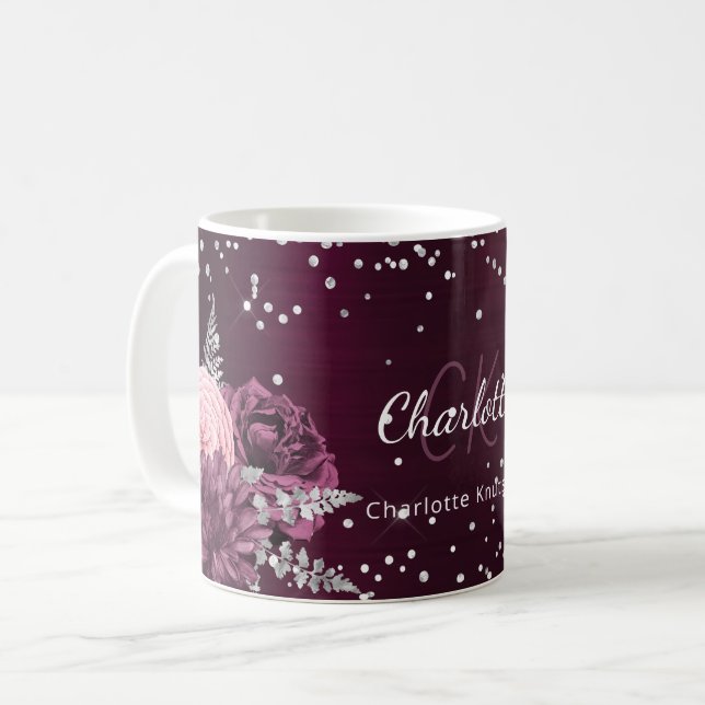 Burgundy florale elegante Monogrammnamen Kaffeetasse (Vorderseite Links)