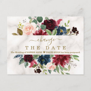 Burgundy florale Marmorhochzeit verschoben neuen P Postkarte