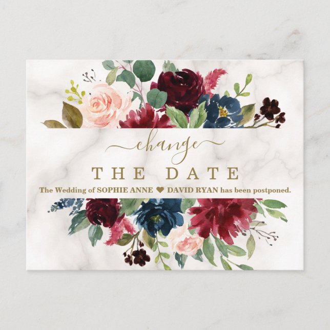 Burgundy florale Marmorhochzeit verschoben neuen P Postkarte (Vorderseite)