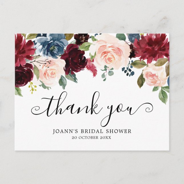 Burgundy Florals Botanisches Brautparty Vielen Dan Postkarte (Vorderseite)