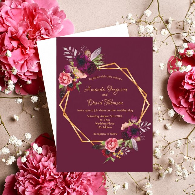 Burgundy florals Gold geometrische boho Hochzeit Einladung (Von Creator hochgeladen)
